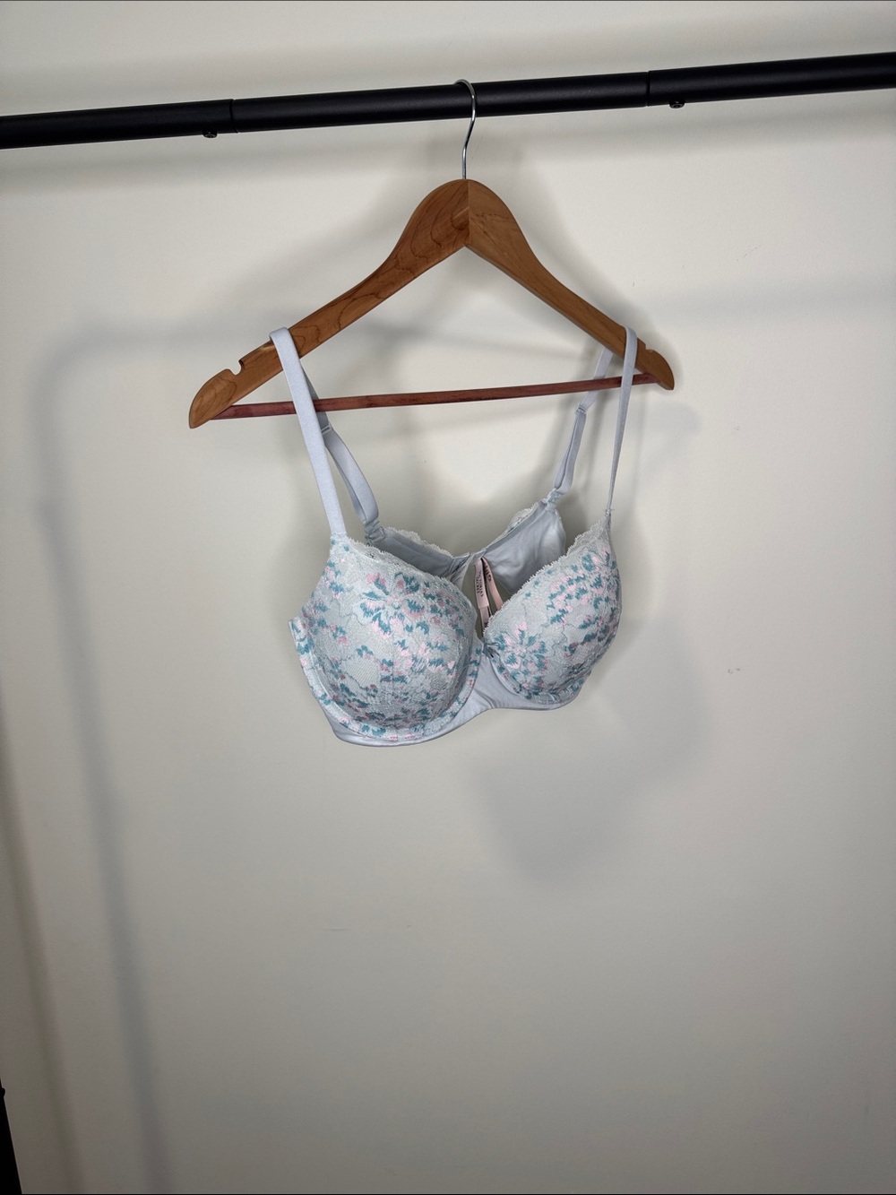 Victoria's Secret White Lace Bra with Pastel Blue & Pink Embroidery